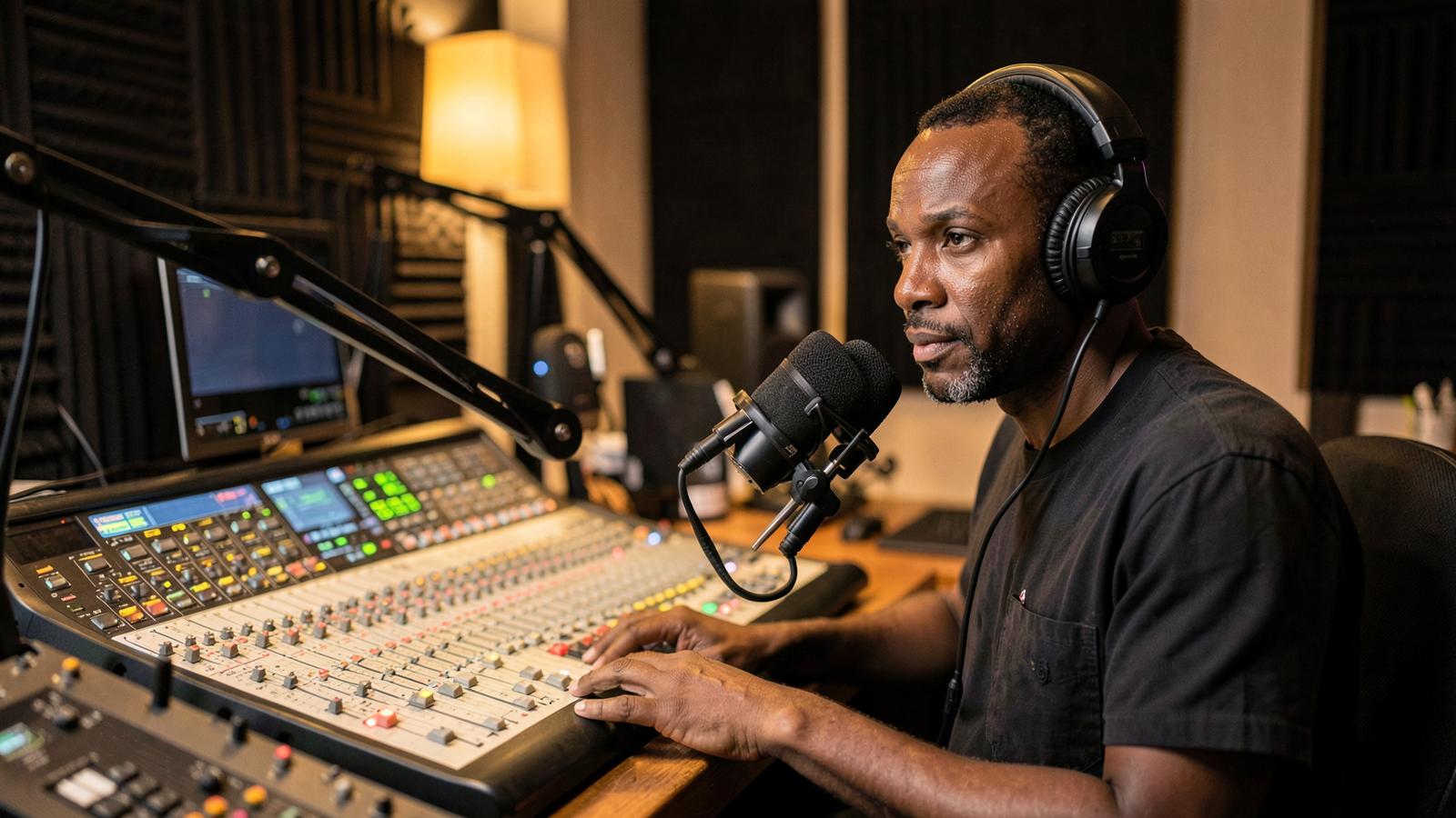 Radio host recording in an ENI One Radio studio